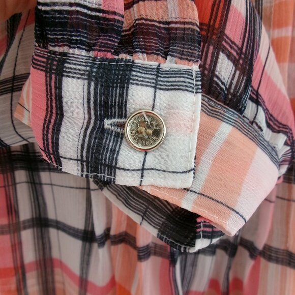 Tommy Hilfiger Plaid Loose Flowy Blouse Semi Sheer Sleeve Orange Pink Black S - Picture 8 of 10